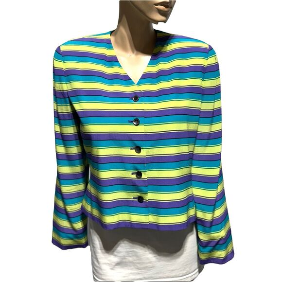 Kasper & Company ASL Blazer Women’s 12P 100% Silk Vintage Striped Bright Bold - Picture 1 of 10